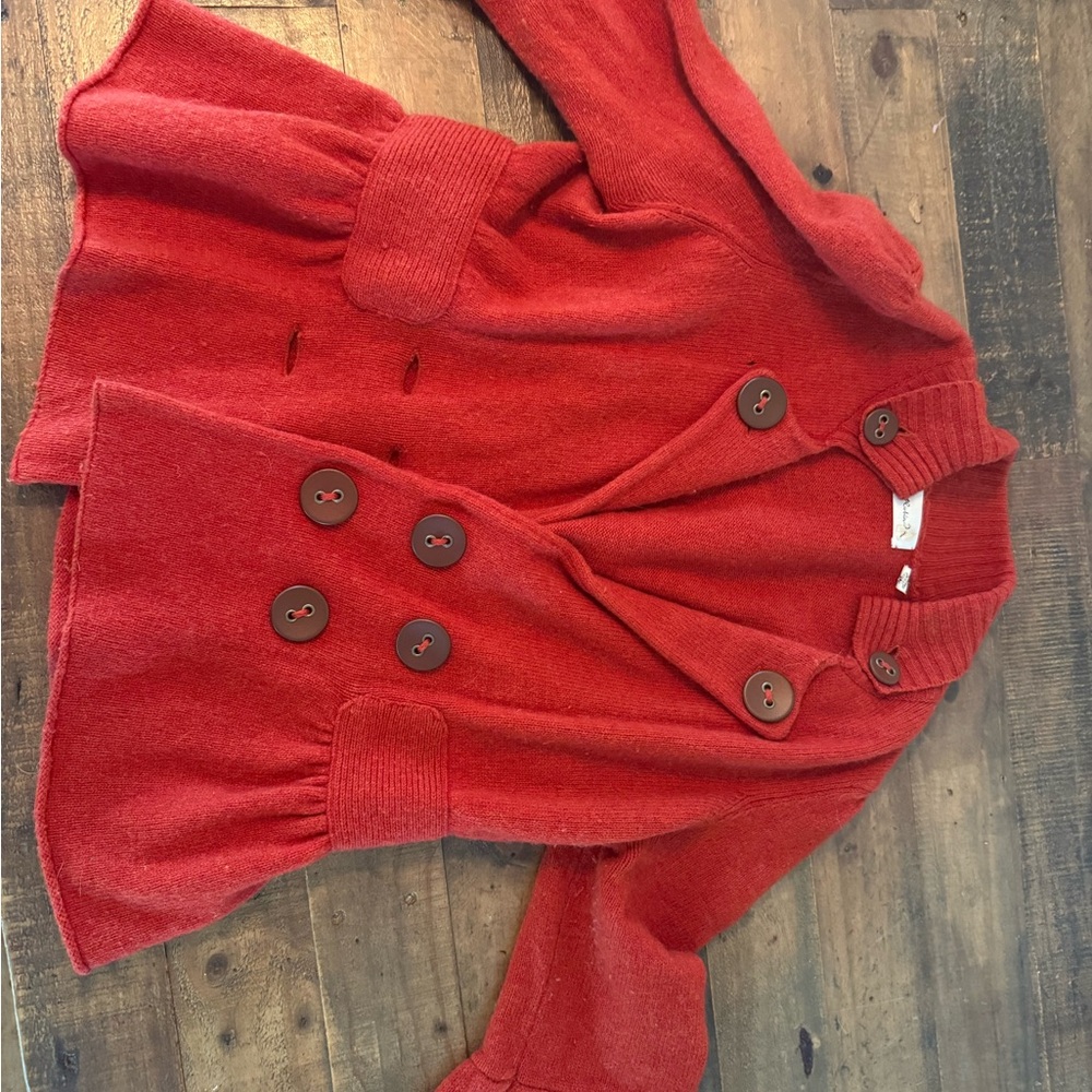 Red Cardigan with Cropped Length and Puff Sleeves